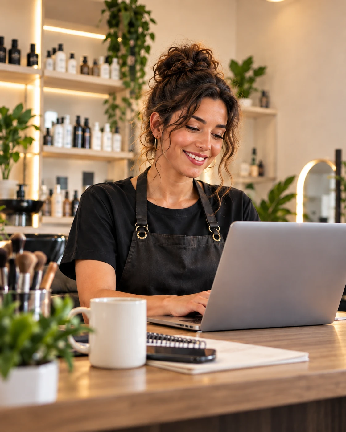 Professionnelle de la beauté travaillant sur un ordinateur portable dans son salon.